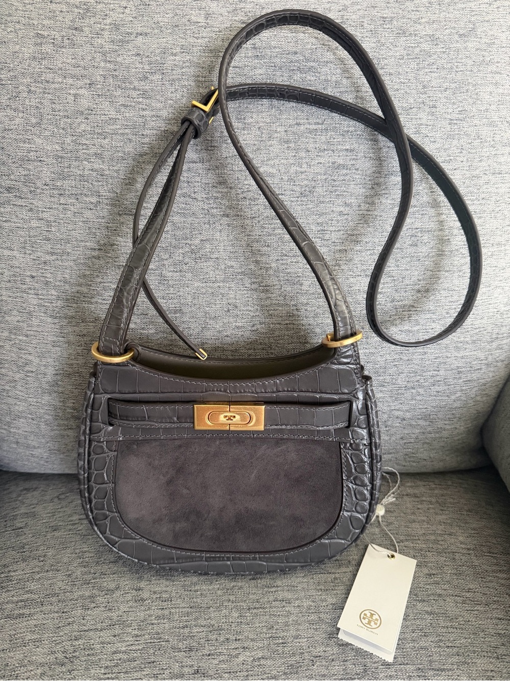 Tory Burch Lee RADZIWILLGray Croc-Embossed Suede Shoulder Bag with Gold Hardware